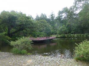 Central carp pond and gagaku stage at Kasuga taisha man'yōshokubutsuen.