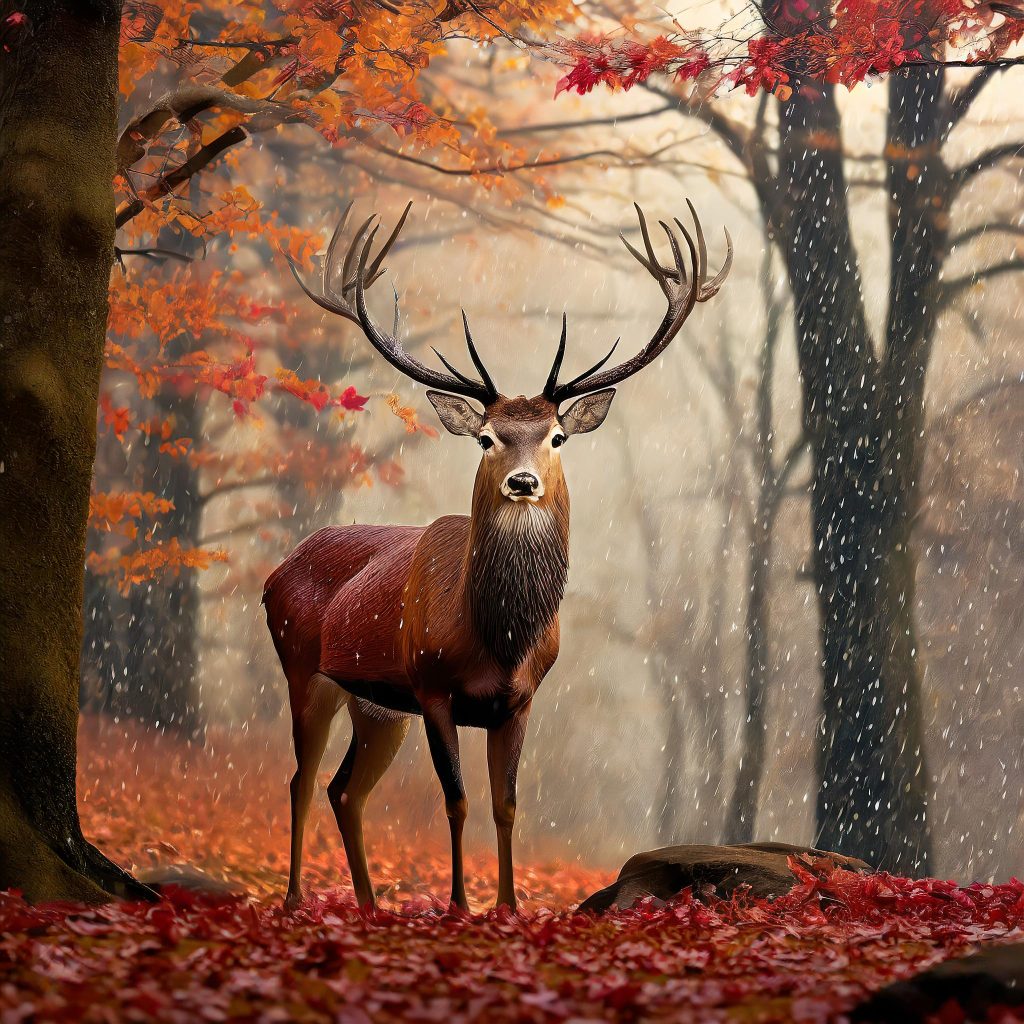 An AI generated image of a stag standing in the rain on a mountain surrounded by autumn leaves.