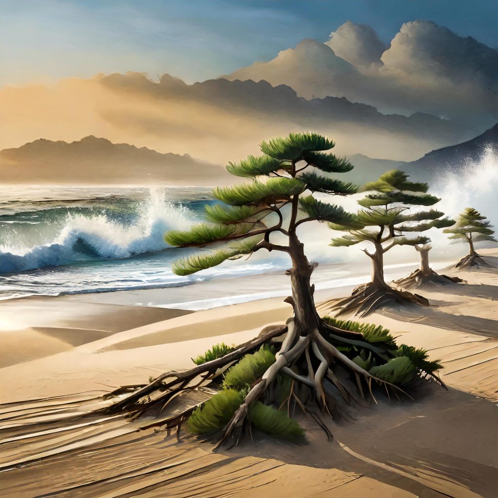 An AI generated image of pine trees on a beach with waves breaking.